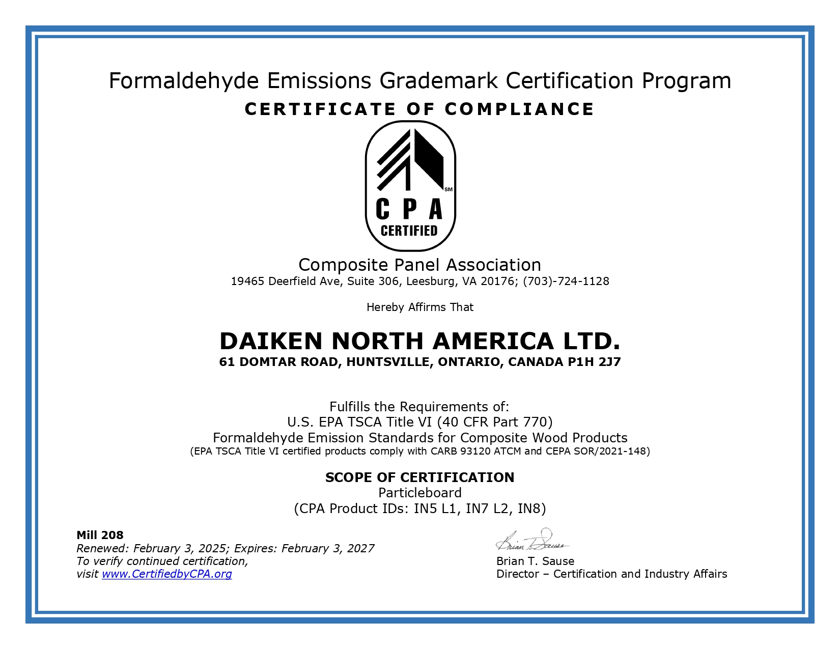 208 Daiken-Panolam HCHO Certificate of Compliance 2025_page-0001